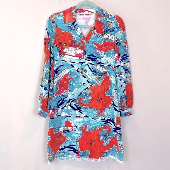 Lilly Pulitzer X Marks Spot 100% Silk dress map boat Size 0 - Picture 2 of 12